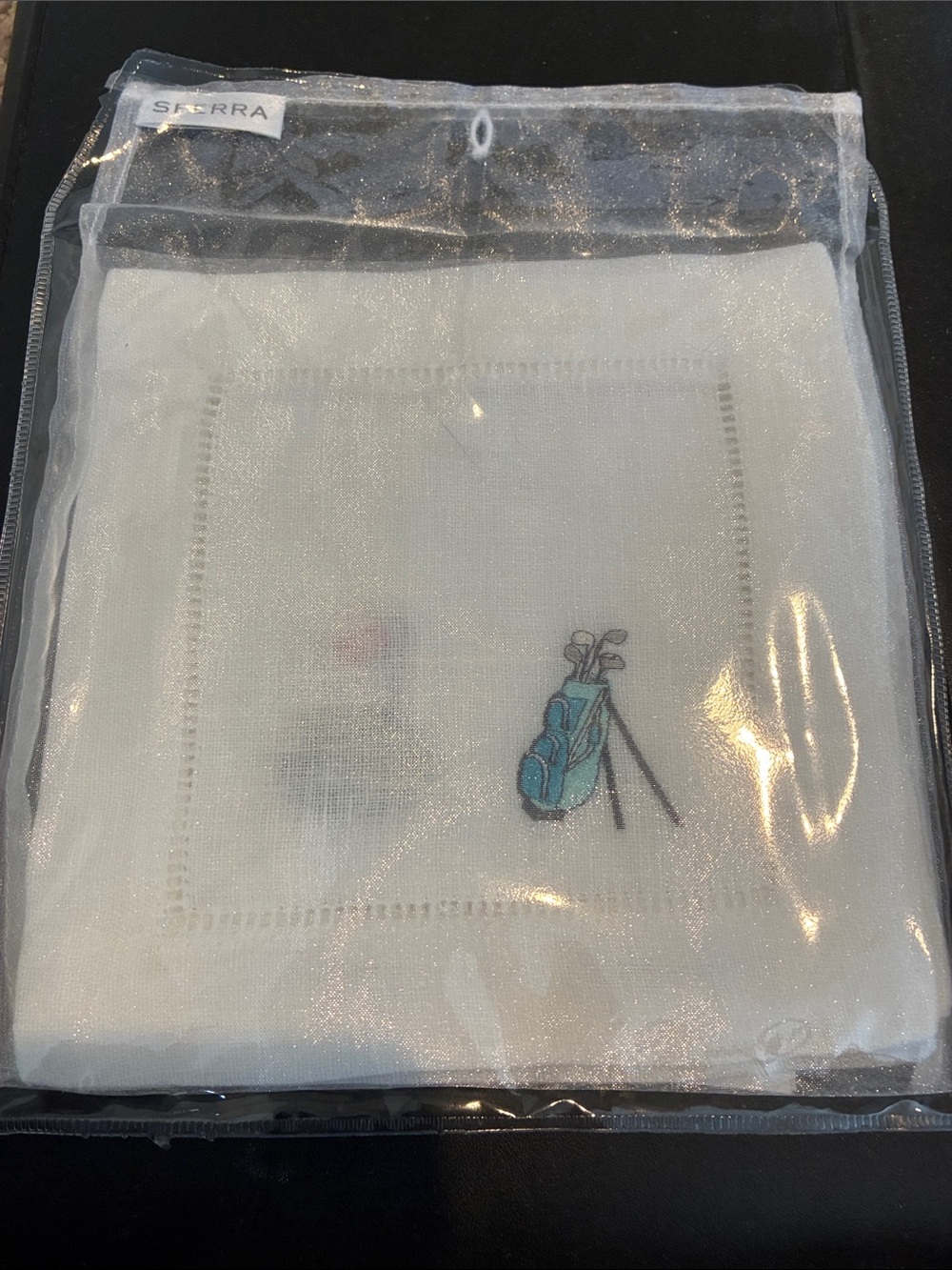 Set of 4 SFERRA new White Linen Cocktail Napkins with Golf themed Embroidery